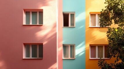Fototapeta premium A visually striking image of a building with contrasting pastel colors, beautifully illuminated by sunlight, emphasizing the cheerful and vibrant architectural design.