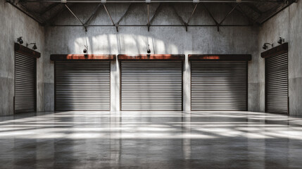 Industrial interior background with large roller shutter in closed position, modern warehouse space, flat concrete ground with subtle reflections and shadows