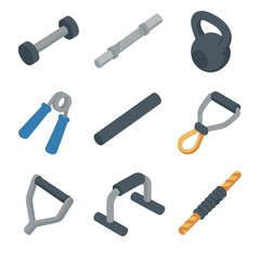 Fitness Icon Set. Isometric Flat icon set of fitness hand grips: dumbbell handle, barbell knurling, kettlebell horn, hand gripper