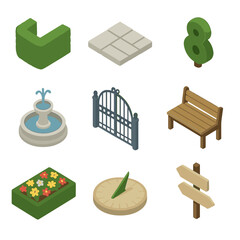 Garden Labyrinth Icons. Isometric Flat icon set of garden labyrinth path: hedge wall, stone path tile, topiary shape, central