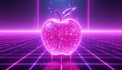 A pink apple with a glowing, wireframe design sits at the center of a digital grid. Neon lights and patterns create a vibrant, futuristic atmosphere surrounding the fruit