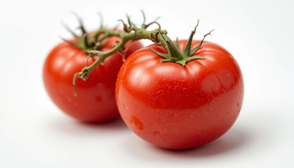Two ripe red tomatoes still attached to their vine highlight their shiny surface and fresh appearance. These tomatoes display rich color and juicy texture, perfect for healthy dishes or salads