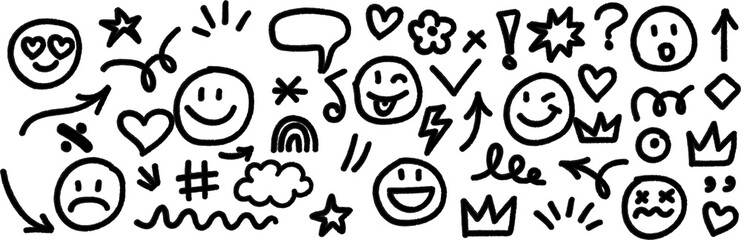 Hand Drawn Doodle Emojis Cute Icons Collection Black White Simple Design Elements Set for Social Media Decoration Graphic Design Project Illustration Background Pattern Wallpaper Texture sad art face 