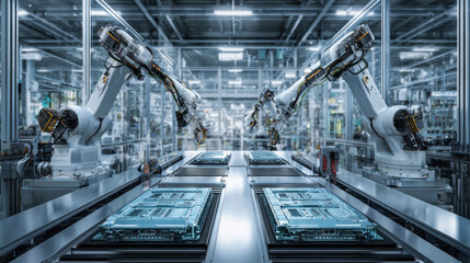 Fototapeta premium Industrial robot arms working in perfect synchronization assembling electric vehicle battery modules, advanced automation system inside high-tech clean factory