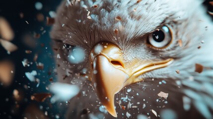 An eagle looks fiercely intent, surrounded by a flurry of shattering debris, capturing the raw power and determination in the wild as it prepares to take flight.