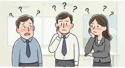 Confused Business Team Brainstorming - Illustration of three businesspeople looking perplexed, symbolizing uncertainty, problem-solving, teamwork, collaboration, and decision-making