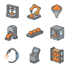 In-Situ Manufacturing Icons. Isometric Flat icon set of in-situ manufacturing: 3D printer rig, robotic assembler, raw material