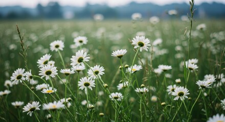 Obraz premium Daisies in a Summer Field - A picturesque field brimming with delicate white daisies under a soft sky. A tranquil and serene nature scene
