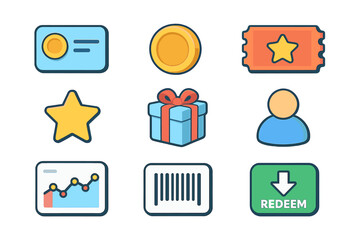 Loyalty Program Icons. Isometric Flat icon set of Token-based loyalty programs: loyalty card, token icon, star reward, coupon