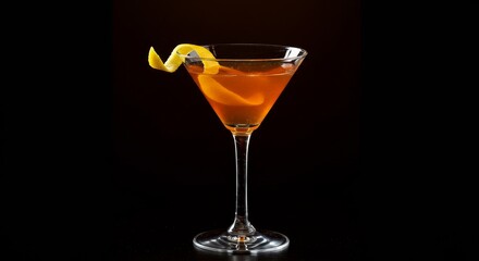 Elegant Cocktail Glass with Lemon Twist - A sophisticated cocktail, amber liquid in a martini glass, garnished with a lemon twist. Symbolizing luxury, relaxation, celebration, sophistication