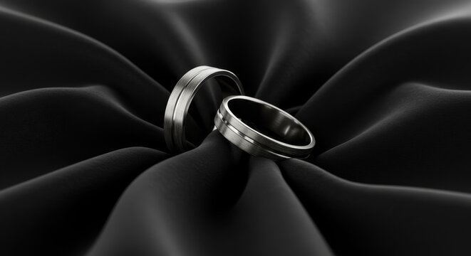 Elegant Black Wedding Rings on Silk - Two sleek, modern wedding bands rest on luxurious black silk fabric. Perfect for wedding invitations or jewelry advertisements