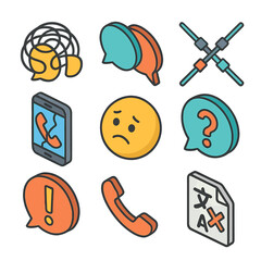 Miscommunication Icon Set. Isometric Flat icon set of miscommunication frustration: tangled speech lines, overlapping speech