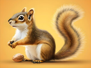 Squirrel in bright colors enjoys a walnut on a sunny backdrop during autumn, showcasing nature's playful moments and wildlife beauty