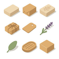 Organic Soap Icon Set. Isometric Flat icon set of organic soap bar packaging: soap bar, kraft wrap, floral imprint, hemp twine,