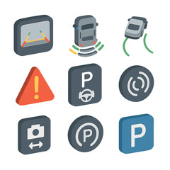 Parking System Icons. Isometric Flat icon set of Parking Aid Systems: reverse camera screen, parking sensor bars, steering guide