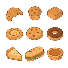 Pastry Icon Grid. Isometric Flat icon set of Pastries and Bakery Items: croissant, muffin, scone, Danish pastry, cookie, donut,