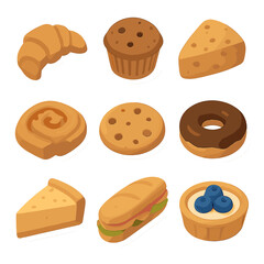 Pastry Icon Grid. Isometric Flat icon set of Pastries and Bakery Items: croissant, muffin, scone, Danish pastry, cookie, donut,