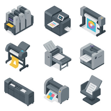 Printing Equipment Icons. Isometric Flat icon set of printing equipment: offset press, digital press, large-format printer,