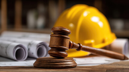 Judge's wooden gavel resting on rolled building blueprints, yellow safety helmet in background, construction law concept in architectural office