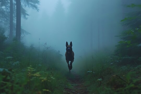 Belgian Malinois running through misty forest