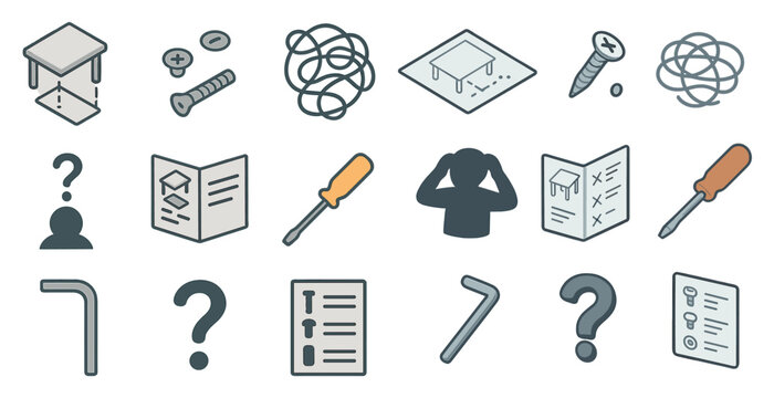 Furniture assembly icons featuring tools and instructions for diy projects