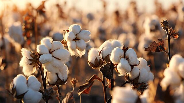 Beautiful cotton field showcasing fluffy white bolls under a stunning sunset, signaling the approach of harvest season in autumn. Nature's bounty unfolds in warm golden light
