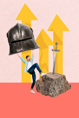 Exclusive image vertical collage of happy man warrior hold steel armor helmet sword ancient duel...