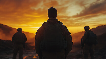 Silhouetted Soldiers at Sunset in Mountainous Terrain