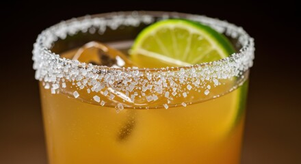Closeup of refreshing beverage with lime and salt