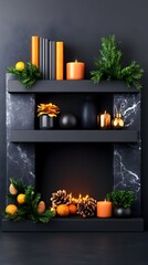 A black marble shelf unit with two tiers displays a curated arrangement of candles, books, evergreen sprigs, citrus fruits, pine cones, and decorative objects, creating a warm and festive