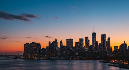 Fototapeta premium New York City Skyline Dusk Panorama - A stunning panoramic view of the New York City skyline at dusk. The symbolizes ambition, opportunity, urban life, modernity, and hope