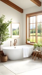 A bright, airy bathroom features a freestanding white tub, copper fixtures, a large window with a pastoral view, wooden beams, potted plants, and a woven rug