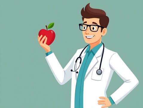 A cartoon doctor holding an apple