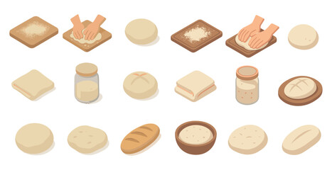 Various stages of bread making process with dough and ingredients