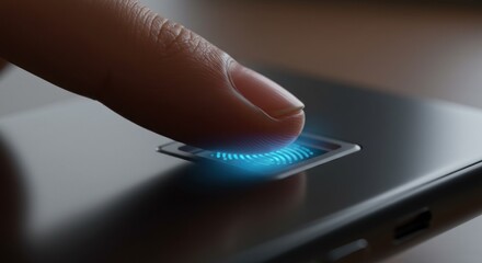 Fingertip interacting with glowing blue element on device