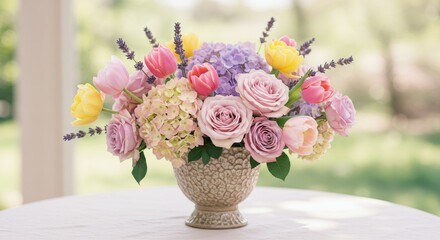 Pastel Spring Flower Arrangement - Beautiful pastel-colored flowers, including tulips, roses, hydrangeas, and lavender, arranged in a textured vase. Perfect for spring celebrations