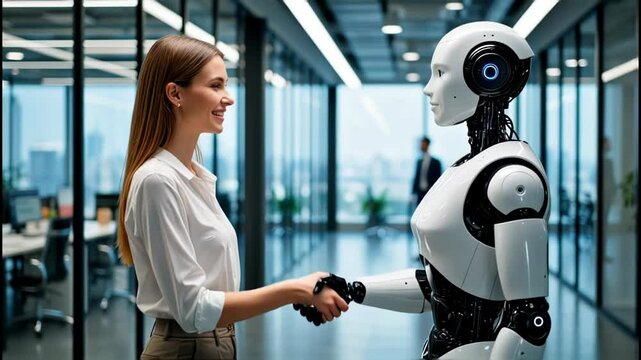 A businesswoman and a sophisticated robot engage in a firm handshake in a modern office, symbolizing a new era of collaboration and trust between humans and advanced AI.