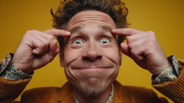 Man with wide eyes and puffed cheeks makes a comical, silly face against a bright yellow background, expressing playful surprise, humor, or a moment of lighthearted amusement for comedic content
