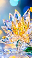 A crystalline lotus flower, meticulously crafted from clear glass, features a golden center adorned with sparkling accents.  It rests on a reflective surface against a bokeh background of soft blue