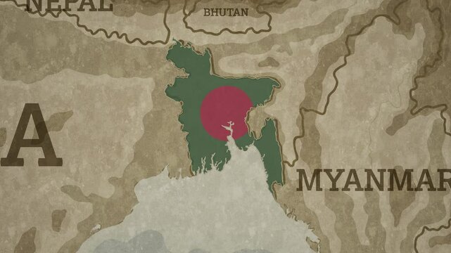 Vintage Style World Map with Bangladesh highlighted in National Flag Overlay
