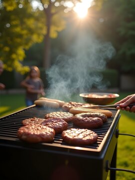 barbecue grill with burgers and hot dogs on a sunny afternoon, backyard scene, family holiday