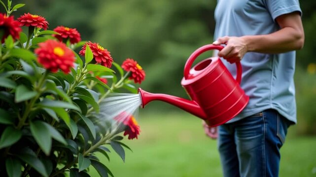 Man watering vibrant flowers with red watering can in garden  