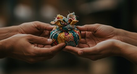 Hands exchanging small object close up