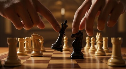 Hands playing chess strategy and competition