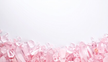 Pink crystal arranged along the bottom on a white background