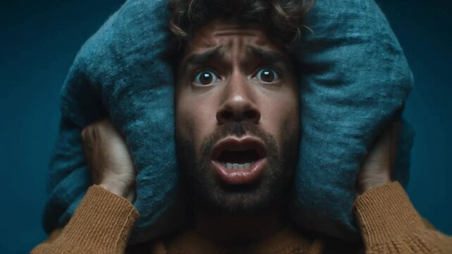 Distressed man with wide eyes frantically covers his ears with a pillow against a dark blue background, vividly portraying intense stress, noise sensitivity, insomnia or overwhelming anxiety issues