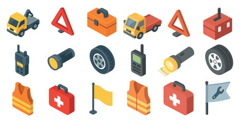 Isometric car safety and emergency kit essentials for automotive preparedness
