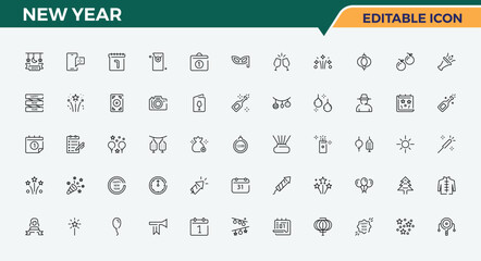 New Year line icon set. Minimal icons collection. Vector artwork and illustration. Decoration related icon set. Related to party, celebrate, fireworks, year and more.