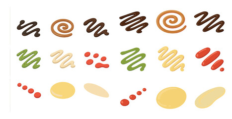 Colorful sauce and dressing swirls and drips set for culinary design projects