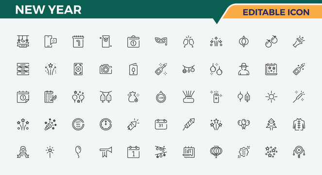 New Year line icon set. Minimal icons collection. Vector artwork and illustration. Decoration related icon set. Related to party, celebrate, fireworks, year and more.
